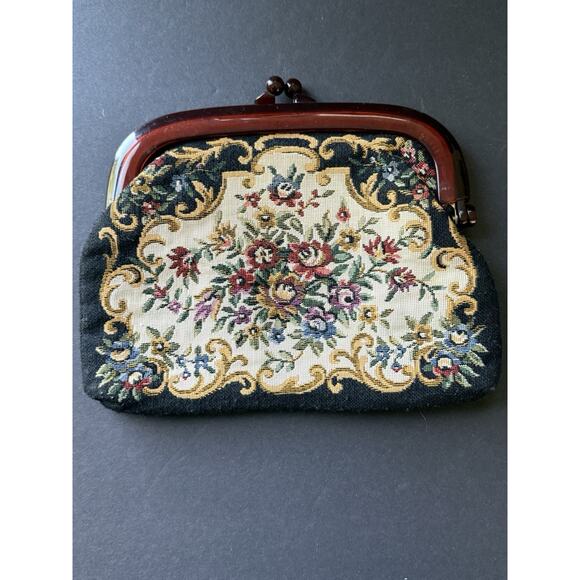Vintage Tapestry Floral Clutch Purse Handbag Black Kiss Clasp Cottagecore - Picture 3 of 8